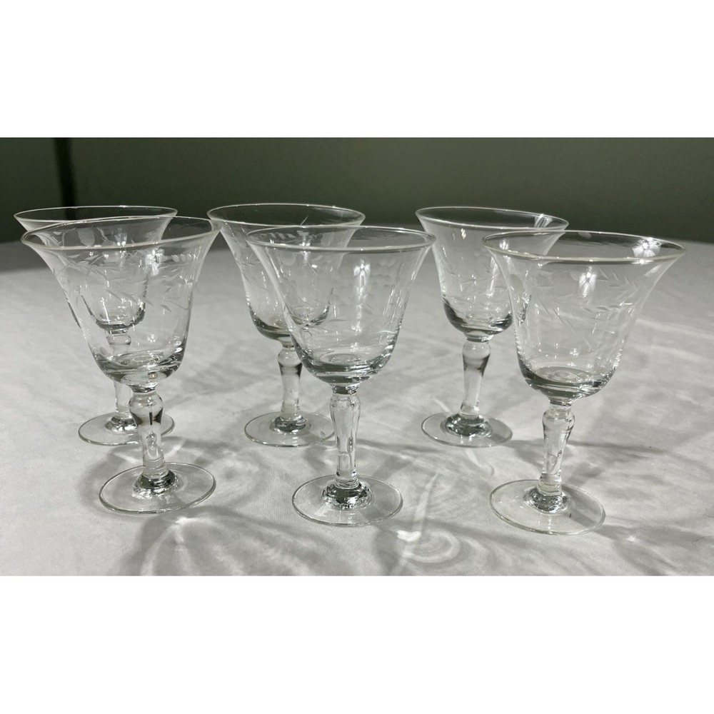 Set of 6 Vintage MCM Etched Floral Crystal Stemware Goblets, Collectible Barware